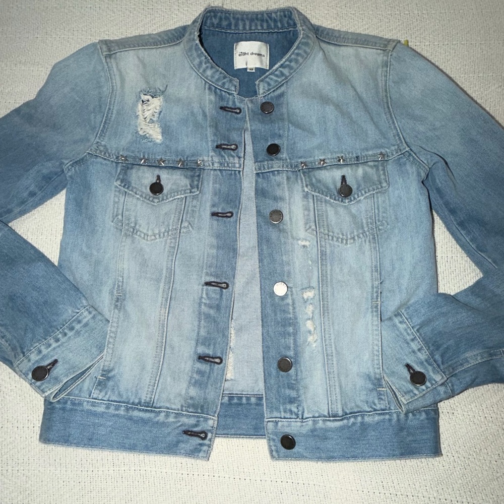 EI8HTDREAMS  STAR STUDDED BAND COLLAR DENIM JACKET - LIGHT BLUE